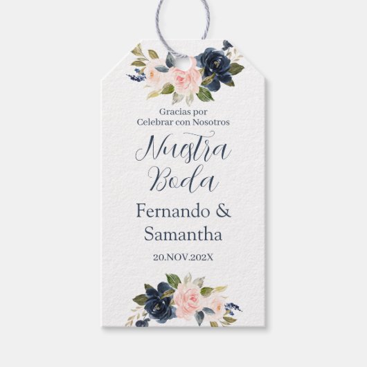 Étiquettes-cadeau Mariage floral bleu marine (Devant)