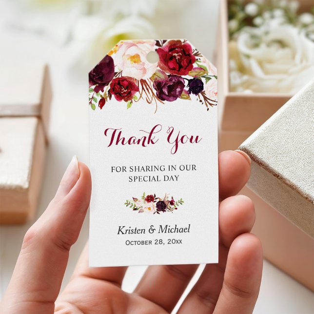 Étiquettes-cadeau Mariage Floral de Bourgogne Marsala Favoriser le M