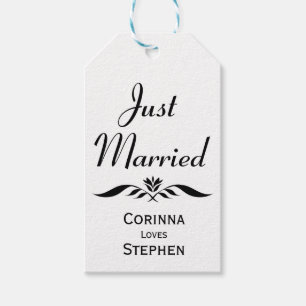 Étiquettes-cadeau Mariage Floral Just Married Noir & Blanc Élégant
