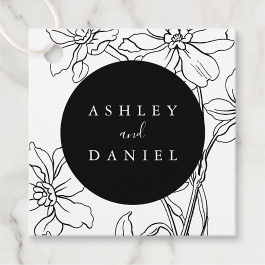 Étiquettes Cadeau Mariage floral moderne noir et blanc (Devant)