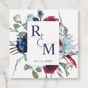 Étiquettes Cadeau Mariage Floral Monogramme de Baie, Bleu et Bourgog