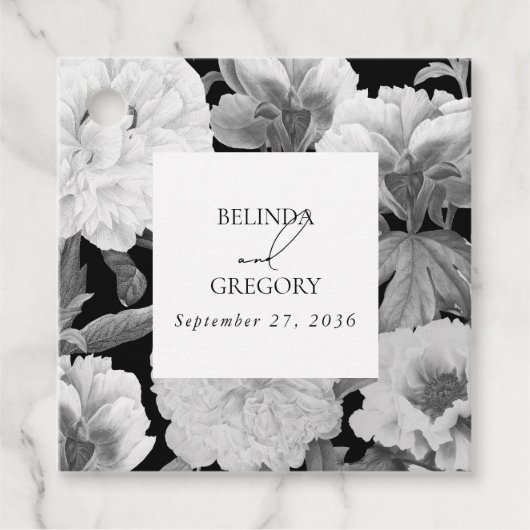 Étiquettes Cadeau Mariage floral noir et blanc Peonies d'aquarelle (Devant)