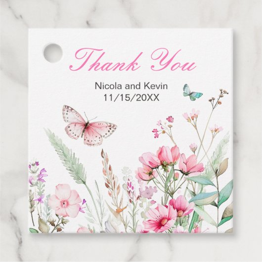 Étiquettes Cadeau Mariage floral papillon rose de printemps (Devant)