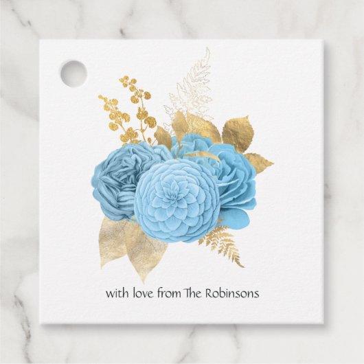 Étiquettes Cadeau Mariage floral Pastel Bleu et Or (Devant)