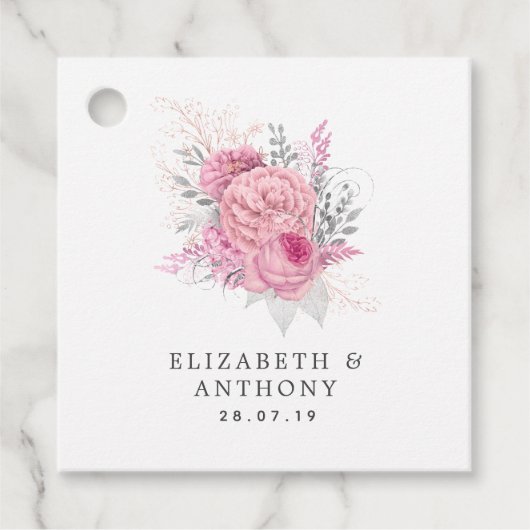 Étiquettes Cadeau Mariage floral rose, argenté et blanc Iridescendan (Devant)