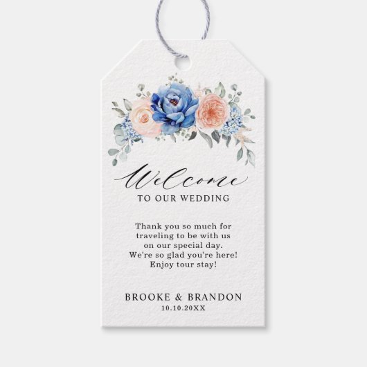 Étiquettes-cadeau Mariage floral rose bleu marine (Devant)