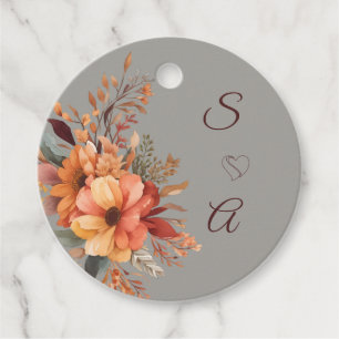 Étiquettes Cadeau Mariage Floral Rustique Aquarelle Monogramme d'Aut