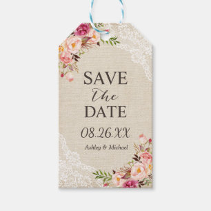Étiquettes-cadeau Mariage Floral Rustique Toile de Jute Dentelle Éta