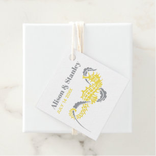 Étiquettes Cadeau Mariage gris et jaune pour hippocampe et algues