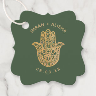 Étiquettes Cadeau Mariage indien Gold Bottle Green hamsa Henné