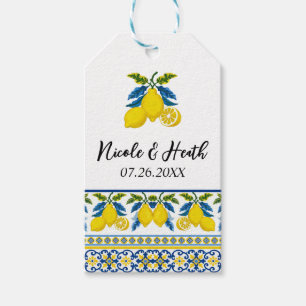 Étiquettes-cadeau Mariage méditerranéen à l'aquarelle bleu jaune cit