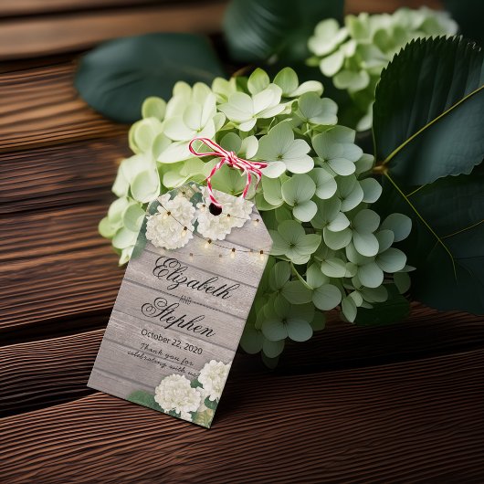 Étiquettes-cadeau Mariage Merci Fleur Chaîne Lumières Bois rustique