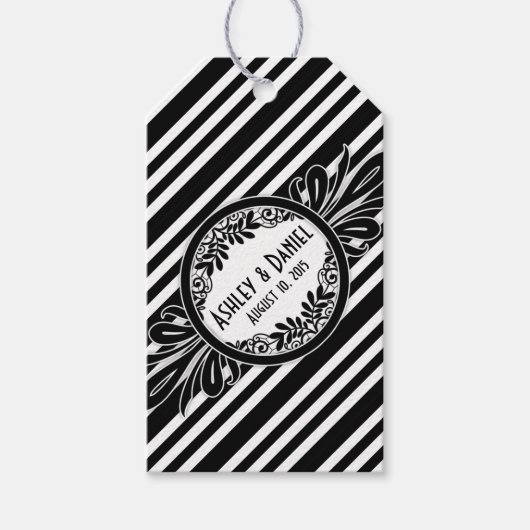 Étiquettes-cadeau Mariage Merci noir blanc rayures florales (Devant)
