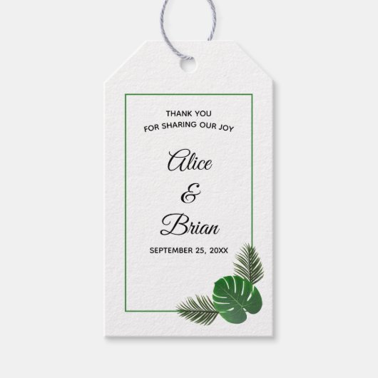 Étiquettes-cadeau Mariage minimal moderne de verdure tropicale (Devant)