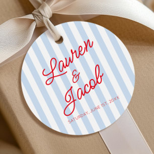 Étiquettes Cadeau Mariage Moderne Minimaliste Rayures Rouges et Bleu