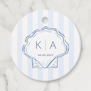 Étiquettes Cadeau Mariage Monogramme Coquille Bleu Et Blanc Dessiné