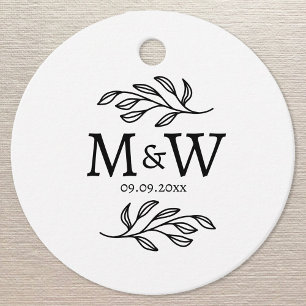 Étiquettes Cadeau Mariage Monogramme Couple Date Élégante Botanique