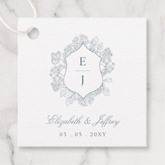 Étiquettes Cadeau Mariage Monogramme Crête Fleurie Bleu Poussière (Devant)