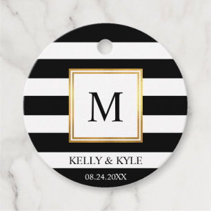 Étiquettes Cadeau Mariage Monogramme de trame or noir blanc rayures