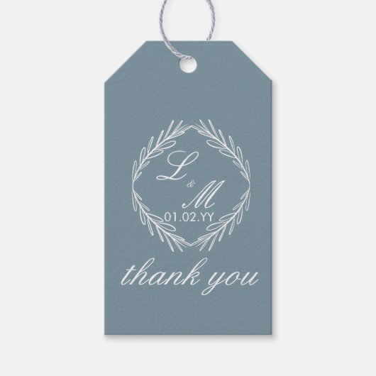 Étiquettes-cadeau Mariage Monogramme Script Branche Bleu Poussiéreux (Devant)