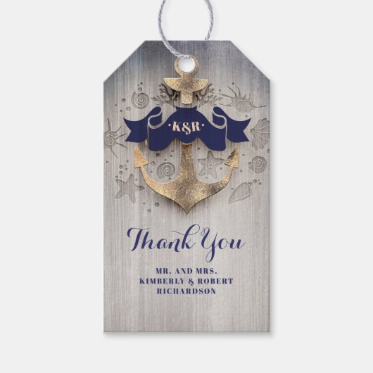 Étiquettes-cadeau Mariage nautique de la Marine d'Ancre dorée (Devant)