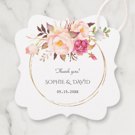 Étiquettes Cadeau Mariage Or de Fleurs Roses Délicates (Dos)