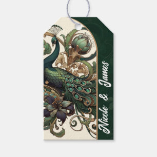 Étiquettes-cadeau Mariage Paon Vintage Émeraude Vert Art Nouveau