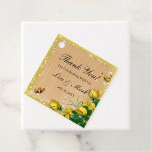 Étiquettes Cadeau Mariage Papillon Floral Jaune Bois Rustique