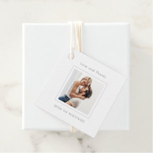 Étiquettes Cadeau Mariage photo Carré contemporain Merci