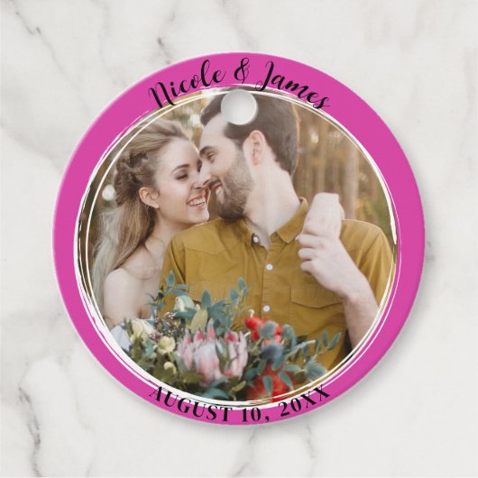 Étiquettes Cadeau Mariage photo circulaire rose chaud (Devant)