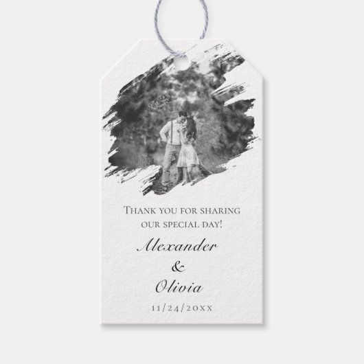 Étiquettes-cadeau Mariage photo moderne Brushstroke | Faveur blanche (Devant)