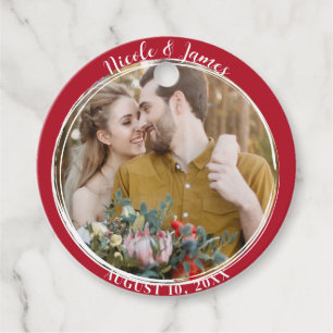 Étiquettes Cadeau Mariage Photo Rond Minimaliste Tendance Rouge