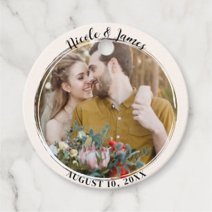 Étiquettes Cadeau Mariage Rond Photo Tendance Minimaliste Blanc Cass