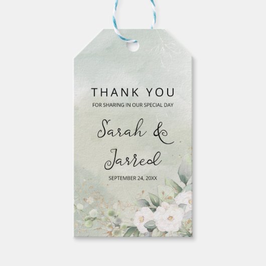 Étiquettes-cadeau Mariage Roses Blanches Feuilles d'Eucalyptus (Devant)