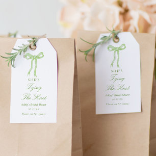 Étiquettes-cadeau Mariage ruban vert, elle fait son noeud Shower de