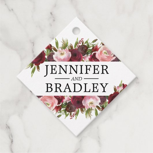 Étiquettes Cadeau Mariage Rustique Blush Bourgogne Fleurs (Devant)