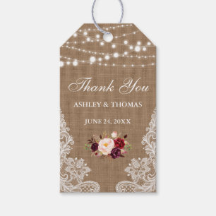 Étiquettes-cadeau Mariage rustique Burlap dentelle Merci floral