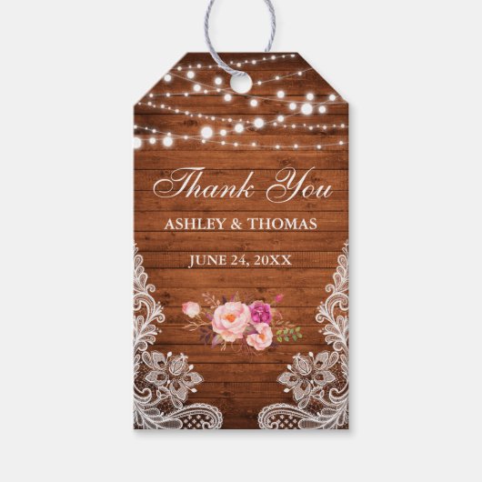 Étiquettes-cadeau Mariage rustique dentelle rose Merci floral (Devant)