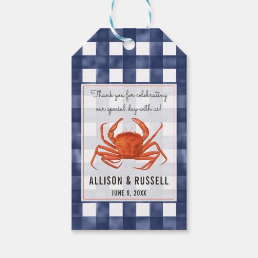Étiquettes-cadeau Mariage sur la côte au thème Crabe Gingham (Devant)