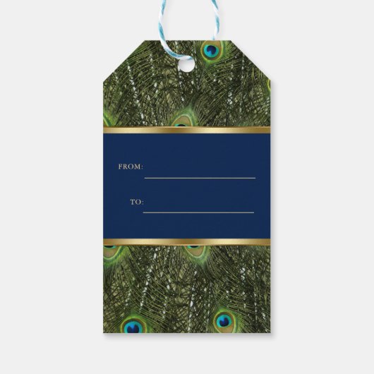 Étiquettes-cadeau Mariage Unique Bleu Nuit Plumes de Paon Or (Dos)