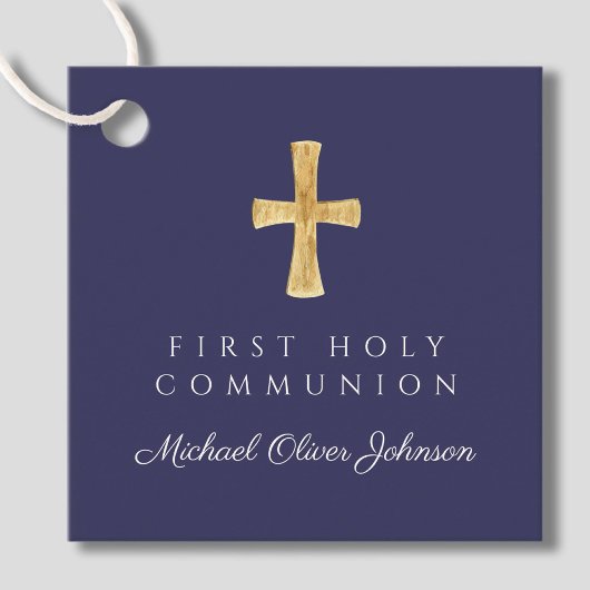 Étiquettes Cadeau Marine Bleu Script Croix Boy Première communion