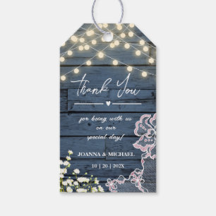 Étiquettes-cadeau Marine Blue Rustic Bois Chaîne Lumières & Mariage