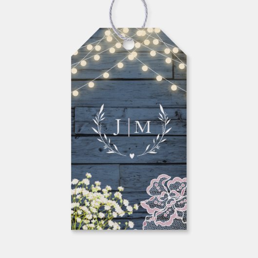 Étiquettes-cadeau Marine Blue Rustic Bois Chaîne Lumières & Mariage  (Dos)