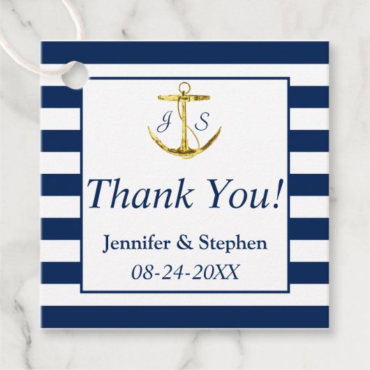 Étiquettes Cadeau Marine Blue Stripes Ancre or Mariage classique (Devant)