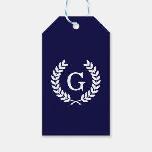 Étiquettes-cadeau Marine Blue What Blé Laurel Wreath Initial Monogra