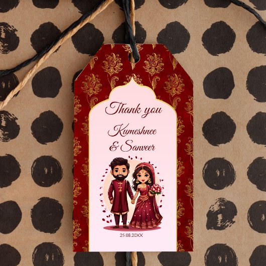 Étiquettes-cadeau Maroon et or mignon couple de mariée indienne préf
