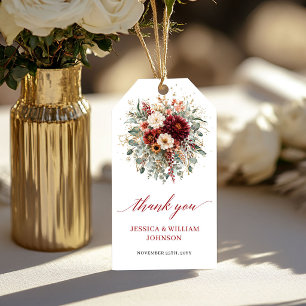 Étiquettes-cadeau Marsala Bourgogne Or Eucalyptus Mariage d'automne