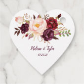 Étiquettes Cadeau Marsala Burgundy Boho Mariage en forme de coeur | (Dos)