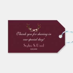 Étiquettes-cadeau Marsala de Bourgogne Floral Antlers Mariage
