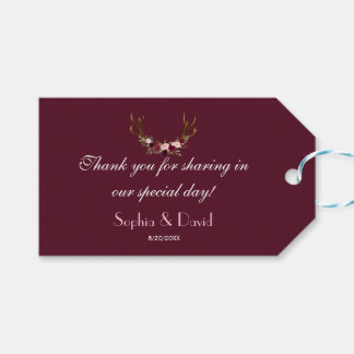 Étiquettes-cadeau Marsala de Bourgogne Floral Antlers Mariage